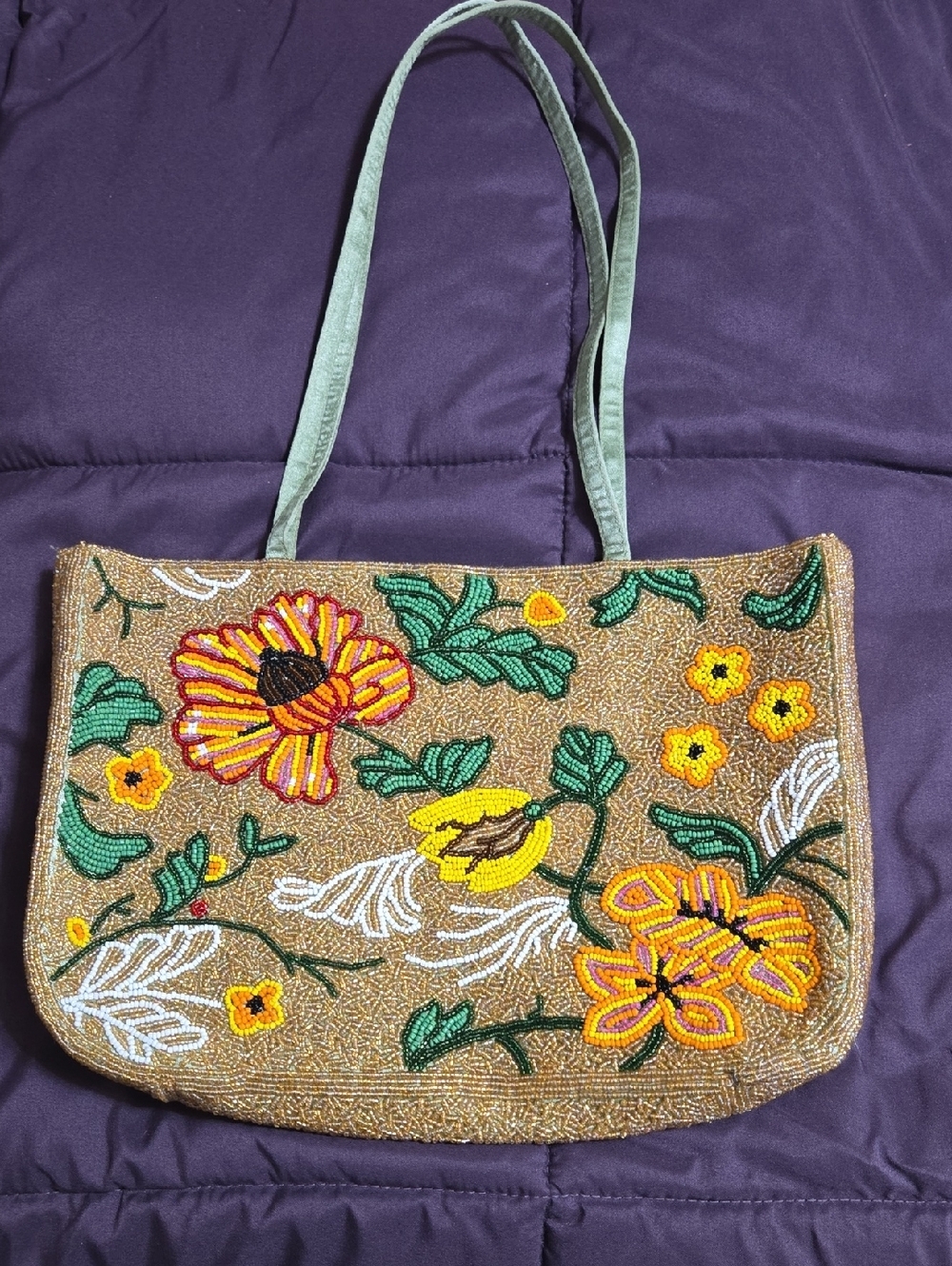 Barse Beaded Floral Shoulder Bag in Gold and Green